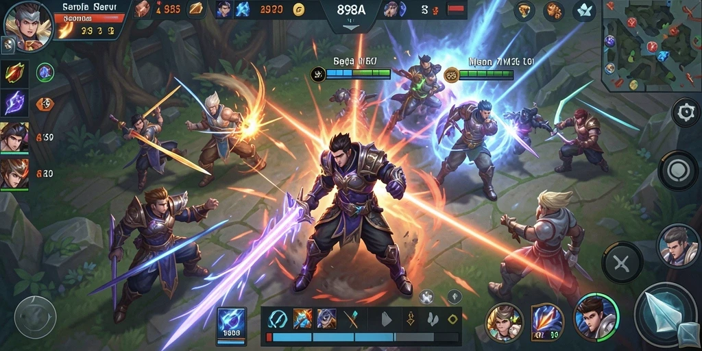 Screenshot menunjukkan pertarungan epik dalam game MOBA.