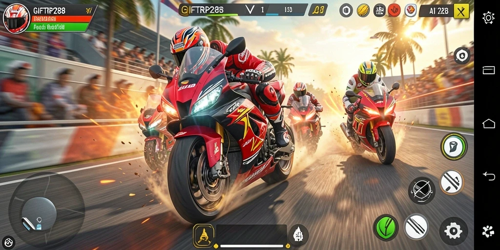 Screenshot gameplay dari GIFTRP288 yang menampilkan balapan motor yang intens.