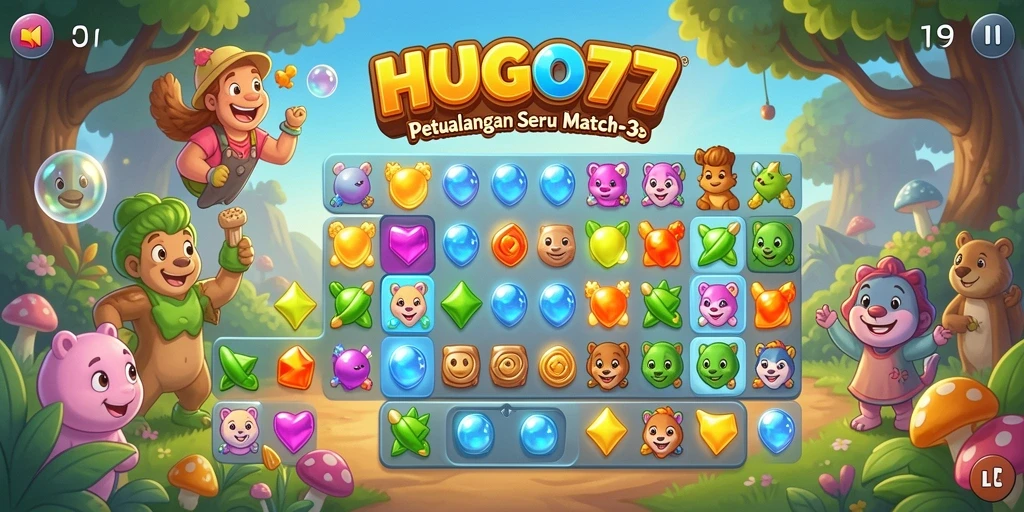 Screenshot HUGO77 menunjukkan keseruan gameplay Match-3 yang penuh warna.