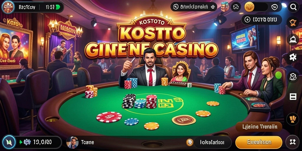 Screenshot gameplay KOSTOTO menunjukkan dealer yang ramah dan suasana berkualitas tinggi.