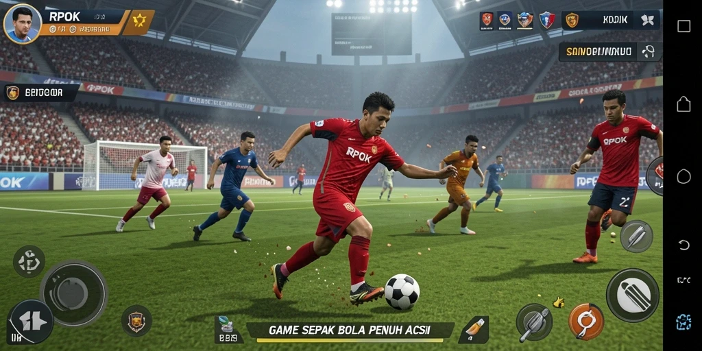 Tangkapan layar utama RPOK menunjukkan aksi pertandingan sepak bola yang mendebarkan.