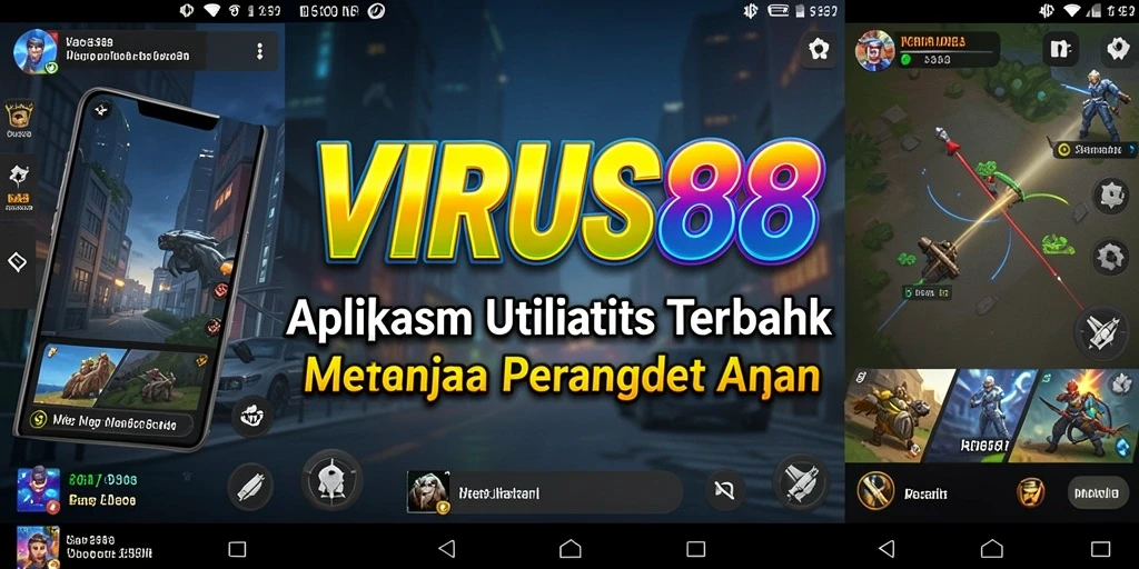 Tampilan antarmuka aplikasi VIRUS88 saat memindai perangkat untuk virus.